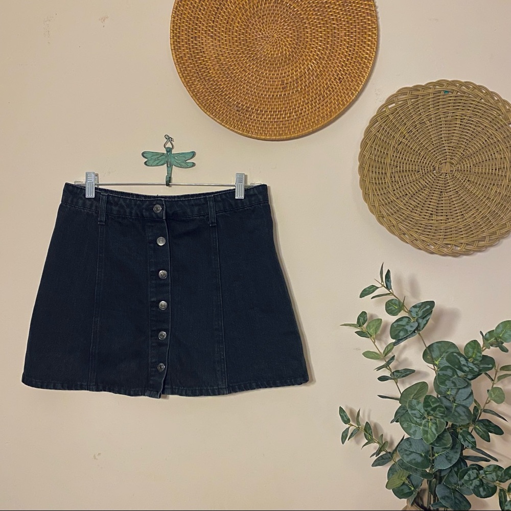 High Waisted Black Denim Button Up Skirt